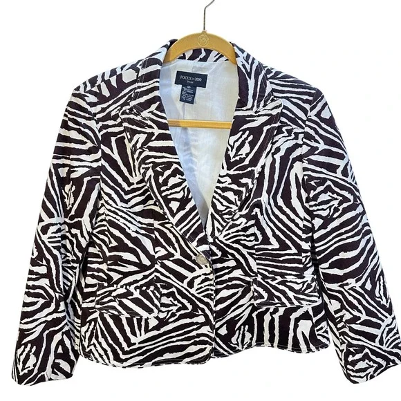 Vintage FOCUS 2000 Womens Blazer Brown White Zebra Print Size Petite 12P - Picture 1 of 8
